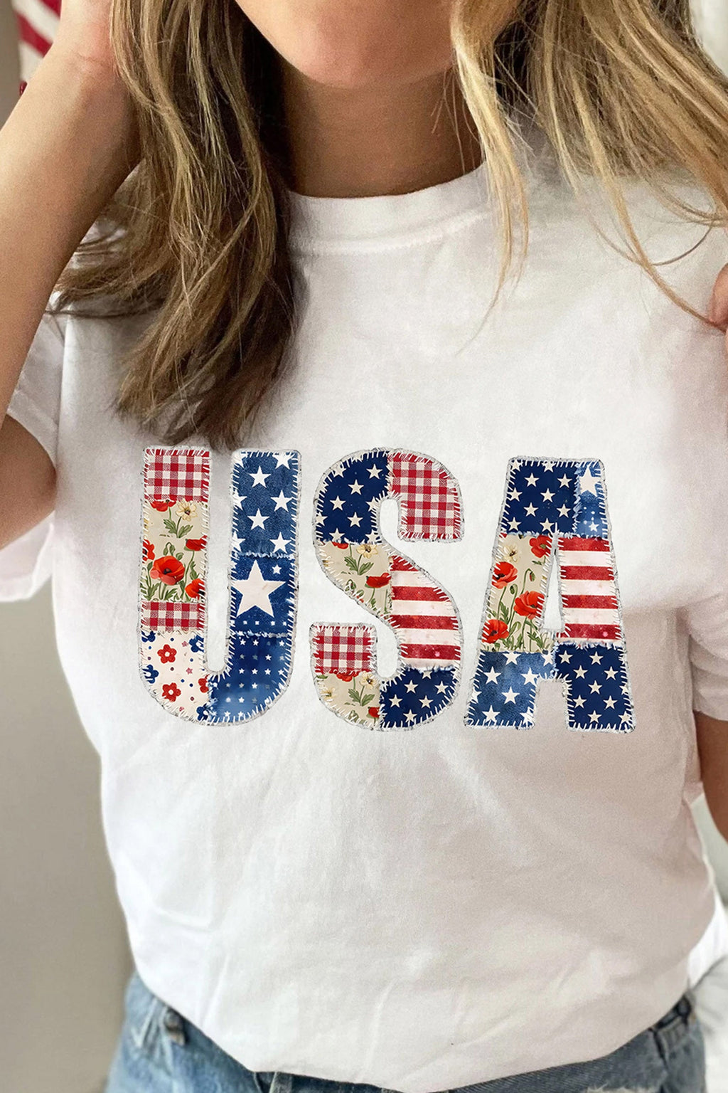 White USA Faux Patchwork Graphic Tee
