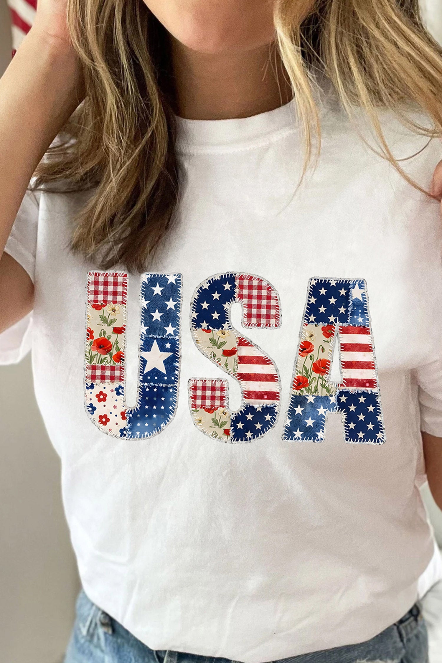 White USA Faux Patchwork Graphic Tee