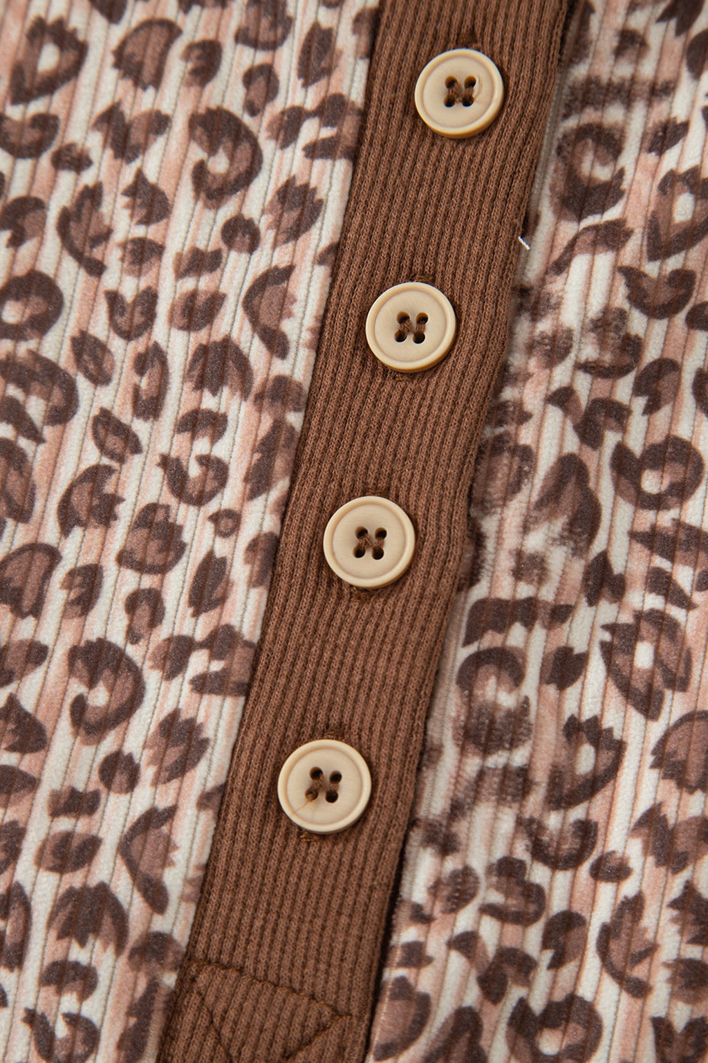 Brown Leopard Print Ribbed Patchwork Half Button Loose Tee Elastic Waist Short 2pcs Set
