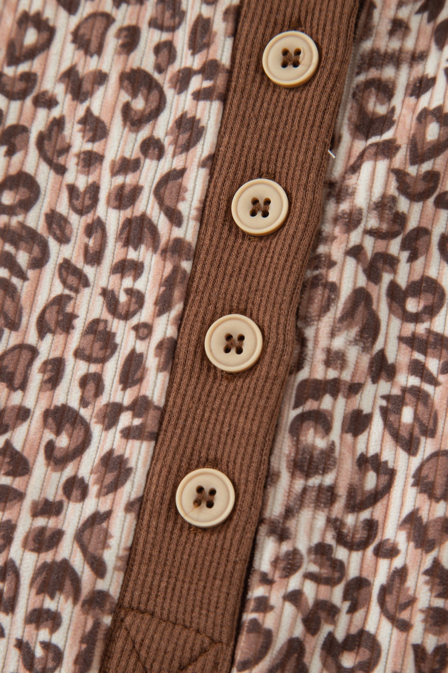 Brown Leopard Print Ribbed Patchwork Half Button Loose Tee Elastic Waist Short 2pcs Set