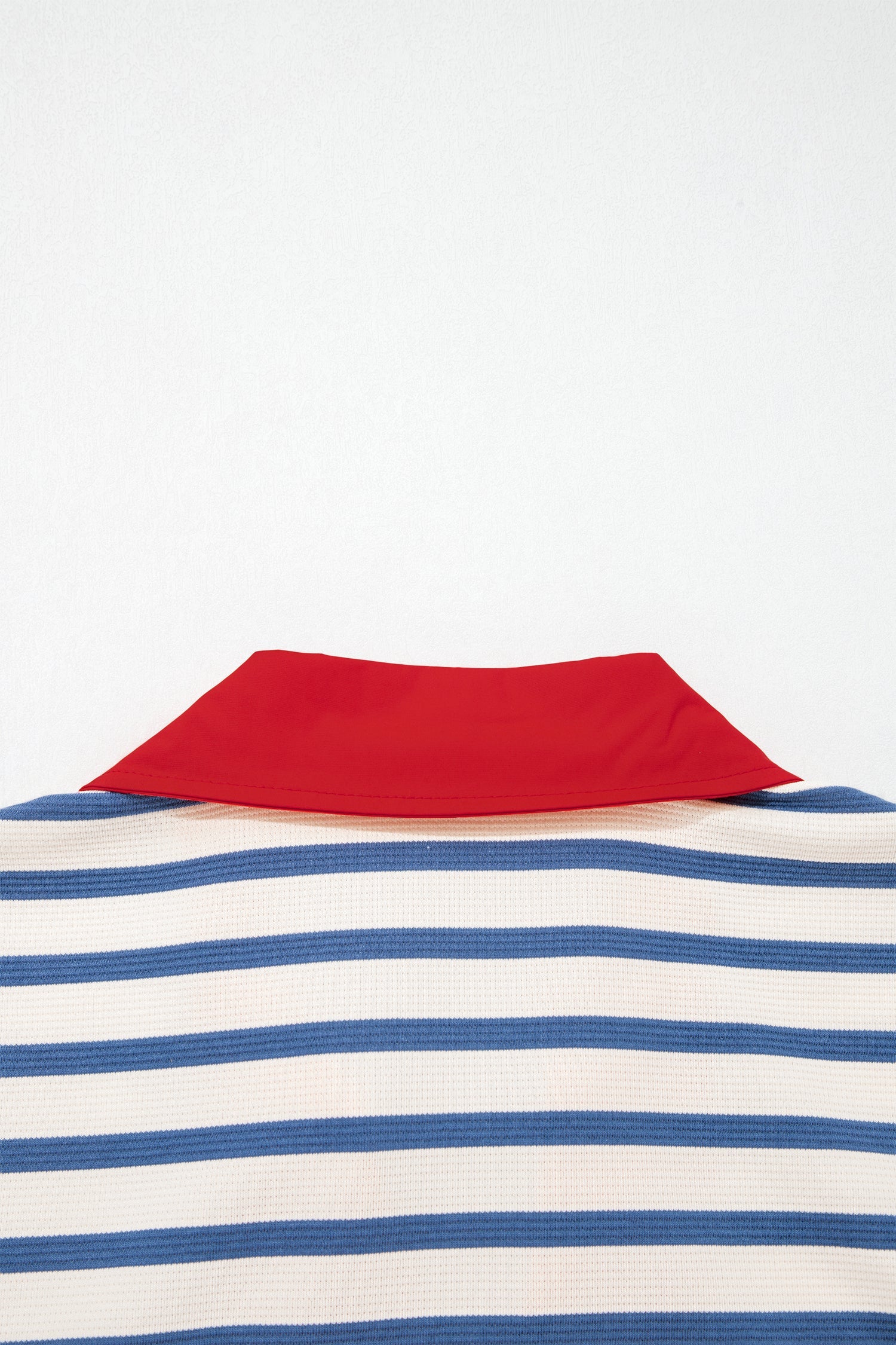 Blue Stripe Short Puff Sleeve Color Block Polo Collar Blouse