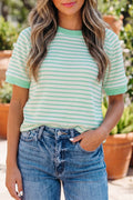 Green Stripe Colorblock Trim Round Neck Short Sleeve Tee