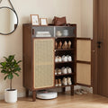 5-Tier Bamboo Shoe Cabinet with Woven Rattan Sliding Doors