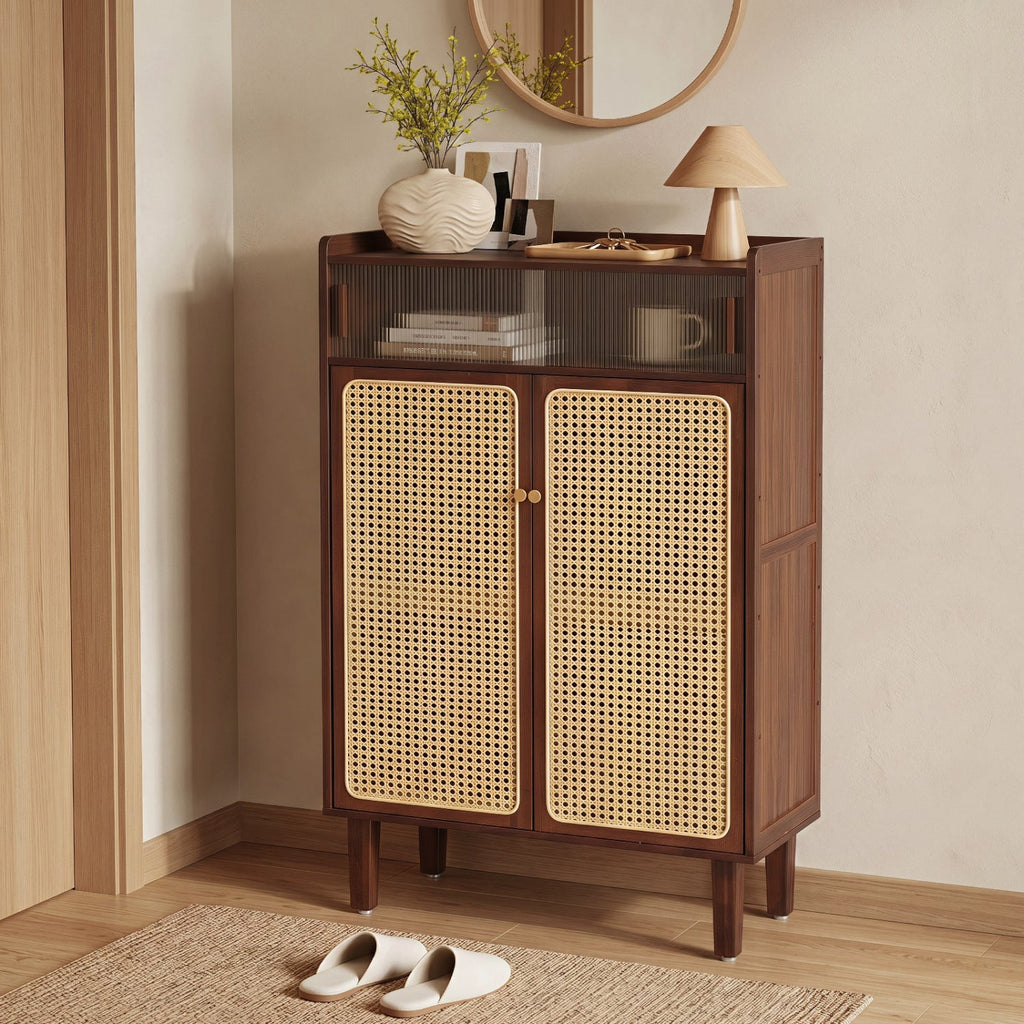 5-Tier Bamboo Shoe Cabinet with Woven Rattan Sliding Doors