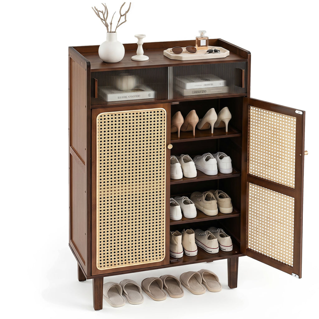 5-Tier Bamboo Shoe Cabinet with Woven Rattan Sliding Doors