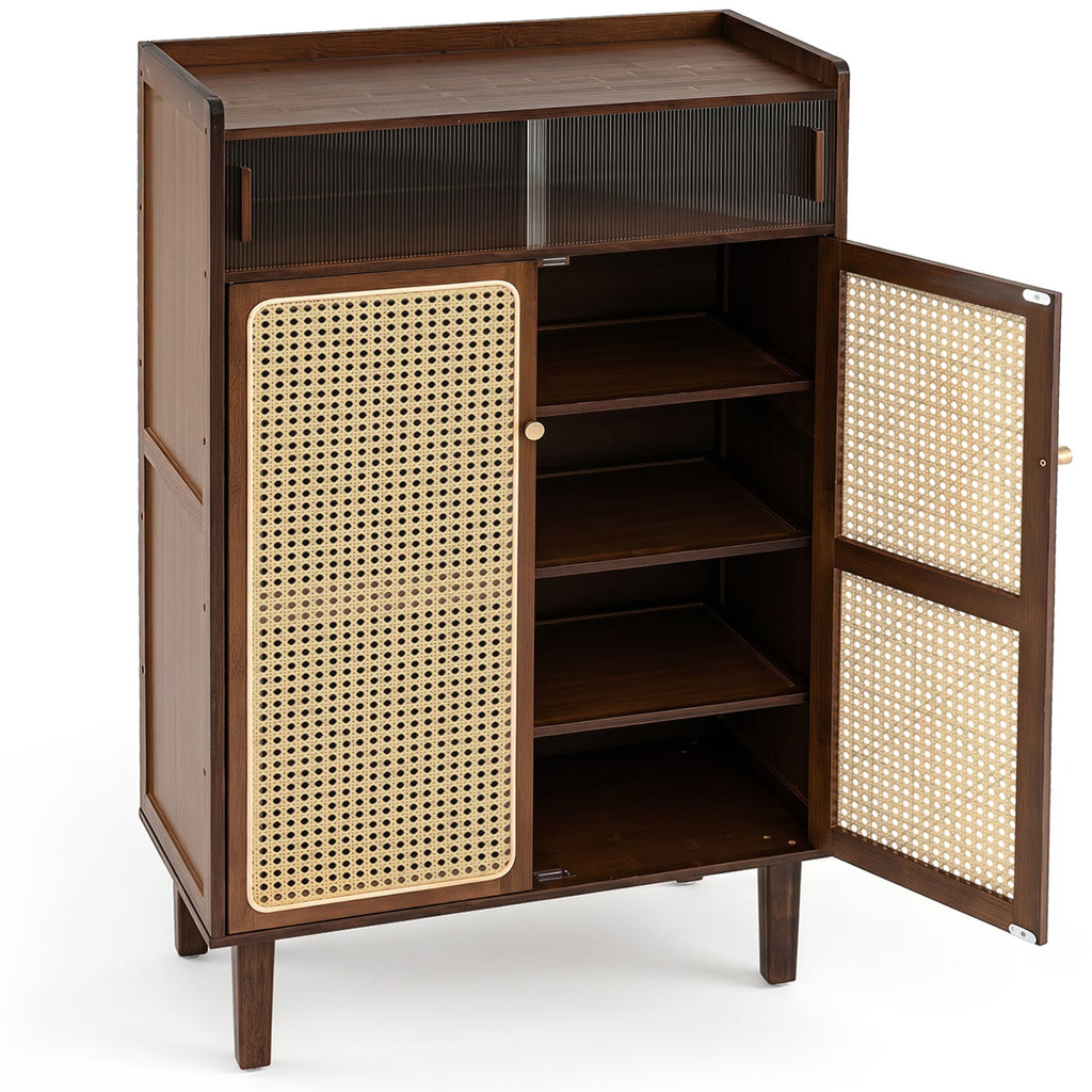 5-Tier Bamboo Shoe Cabinet with Woven Rattan Sliding Doors