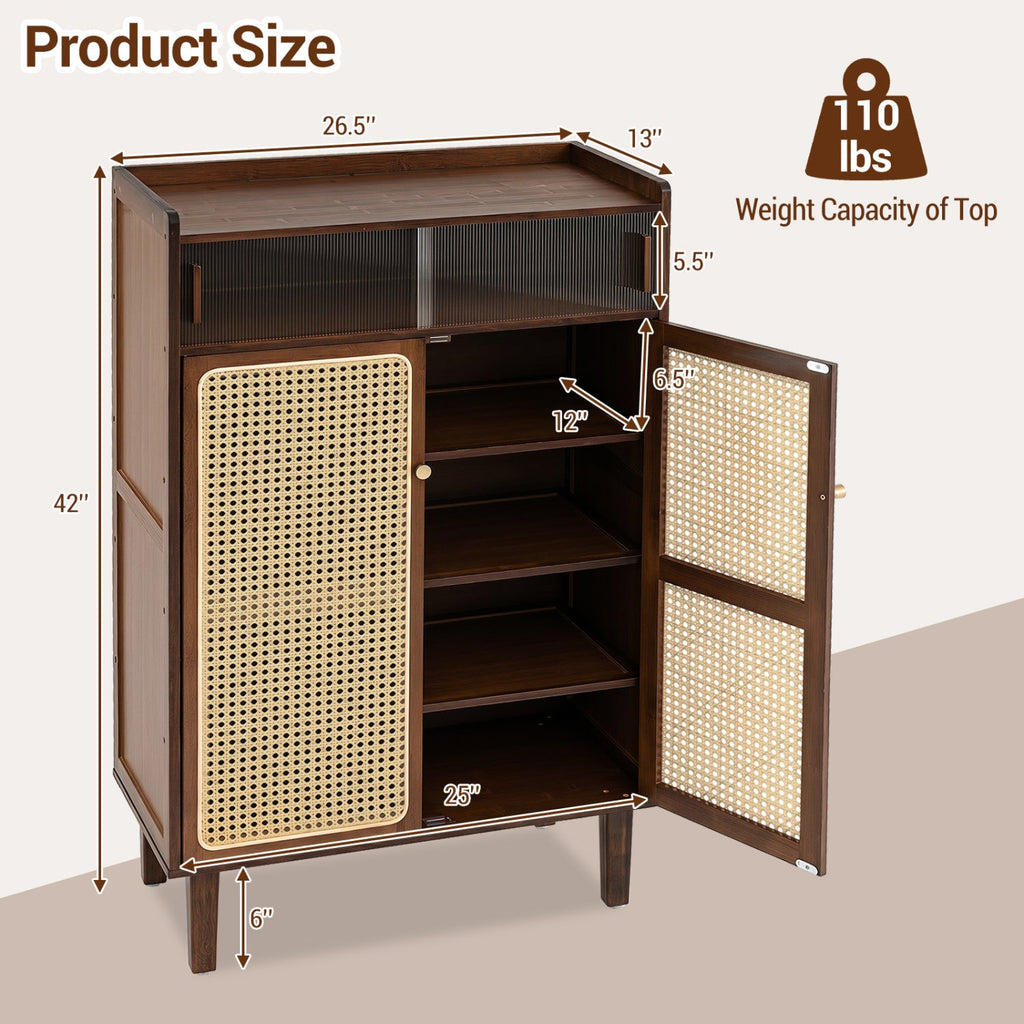 5-Tier Bamboo Shoe Cabinet with Woven Rattan Sliding Doors