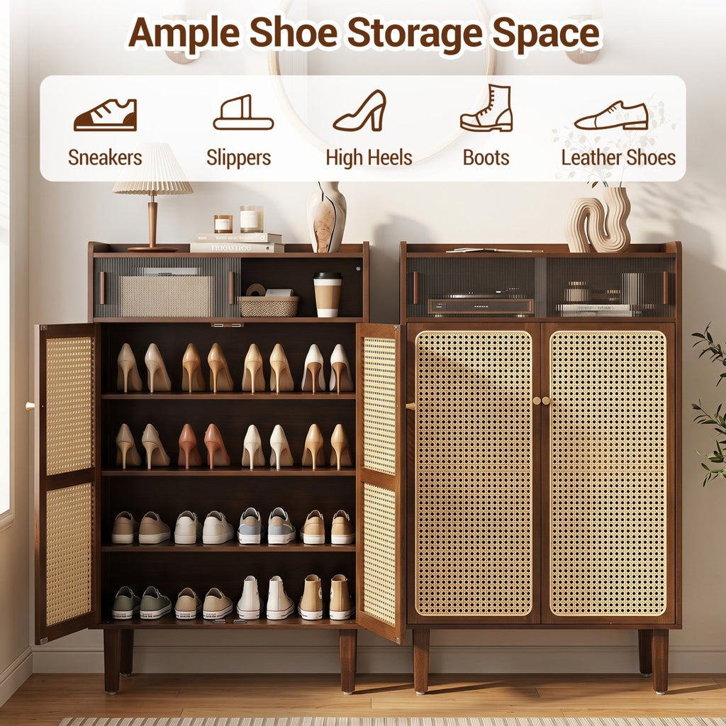 5-Tier Bamboo Shoe Cabinet with Woven Rattan Sliding Doors