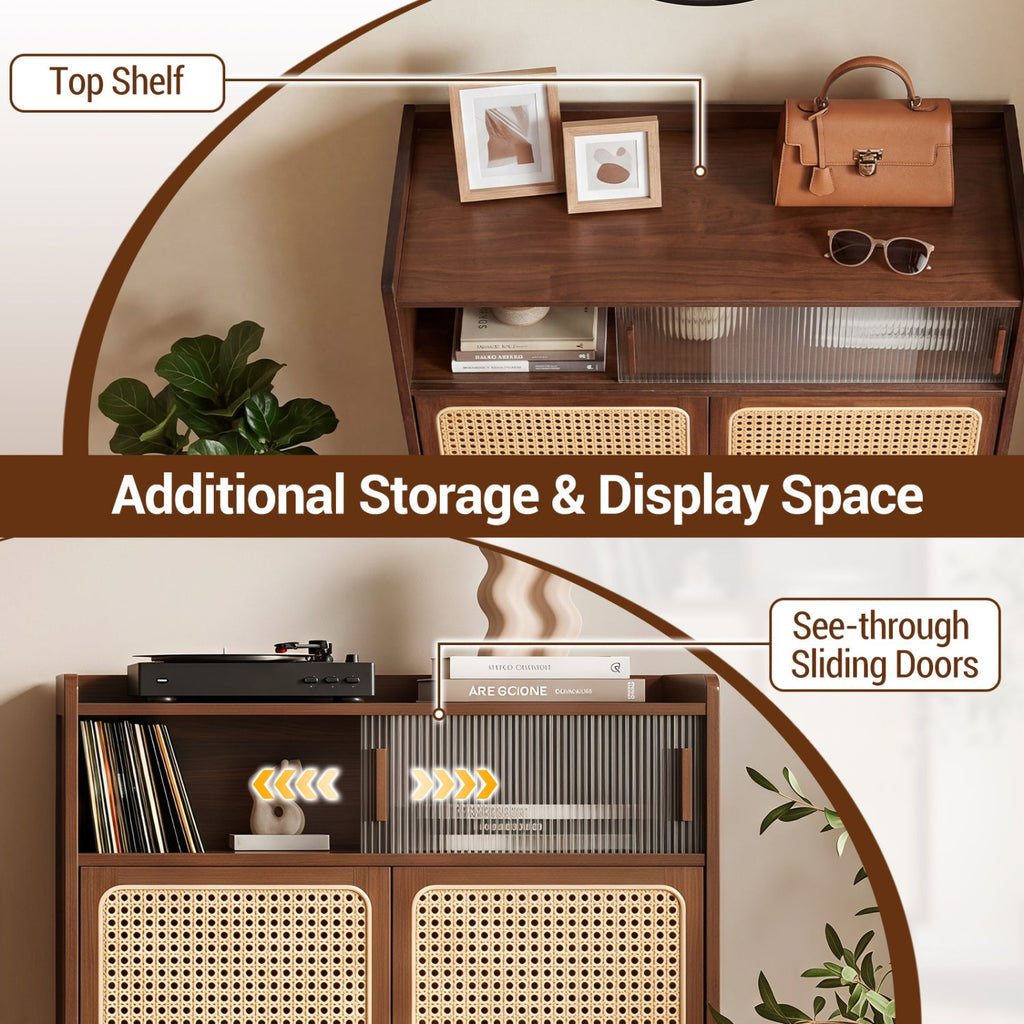 5-Tier Bamboo Shoe Cabinet with Woven Rattan Sliding Doors