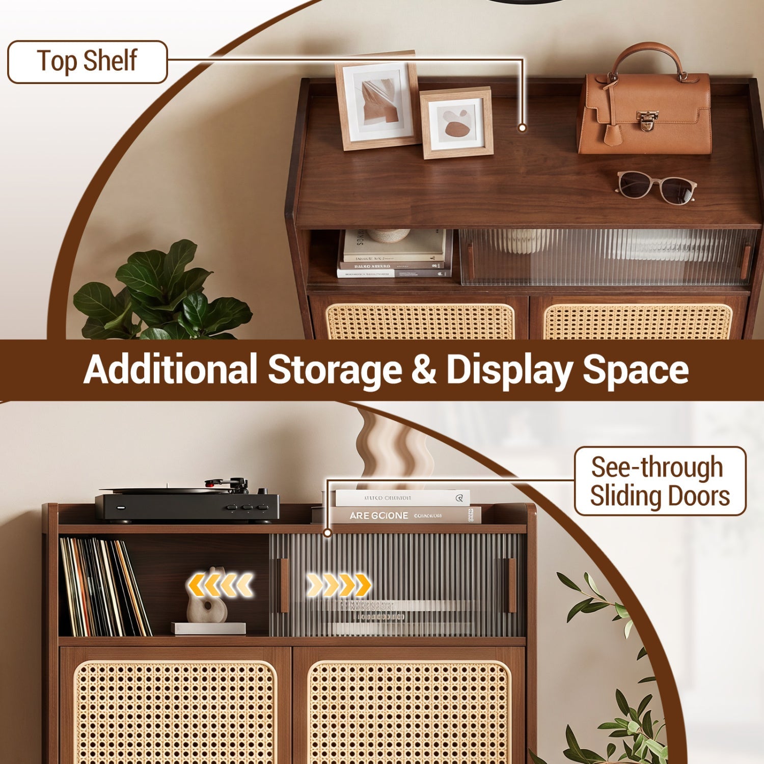 5-Tier Bamboo Shoe Cabinet with Woven Rattan Sliding Doors