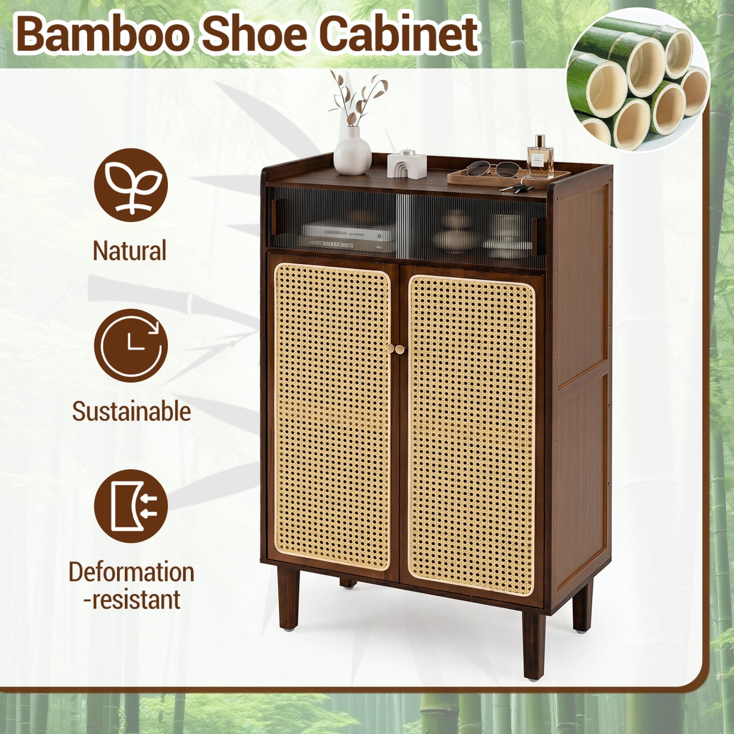 5-Tier Bamboo Shoe Cabinet with Woven Rattan Sliding Doors