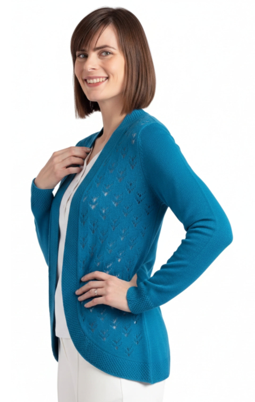 Women's Open Front Pointelle Shrug — Curved Hem Soft Acrylic