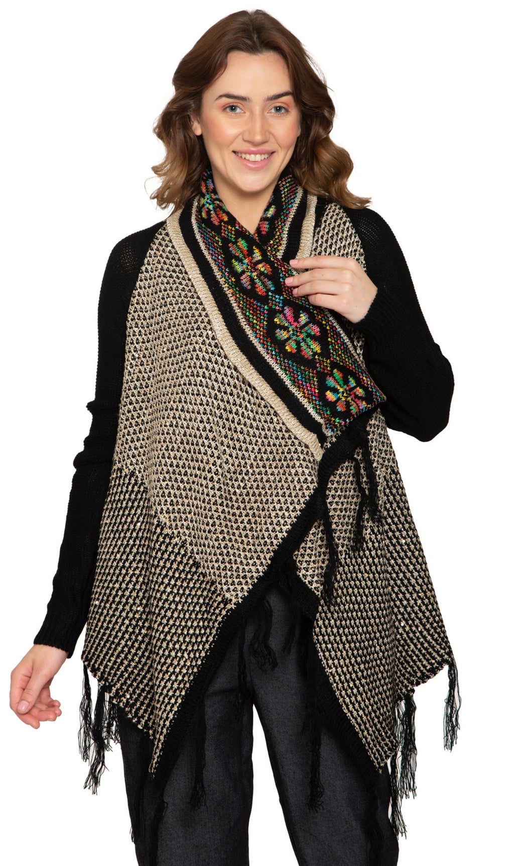Women's Open Front Fringed Jacquard Weave Long Cardigan