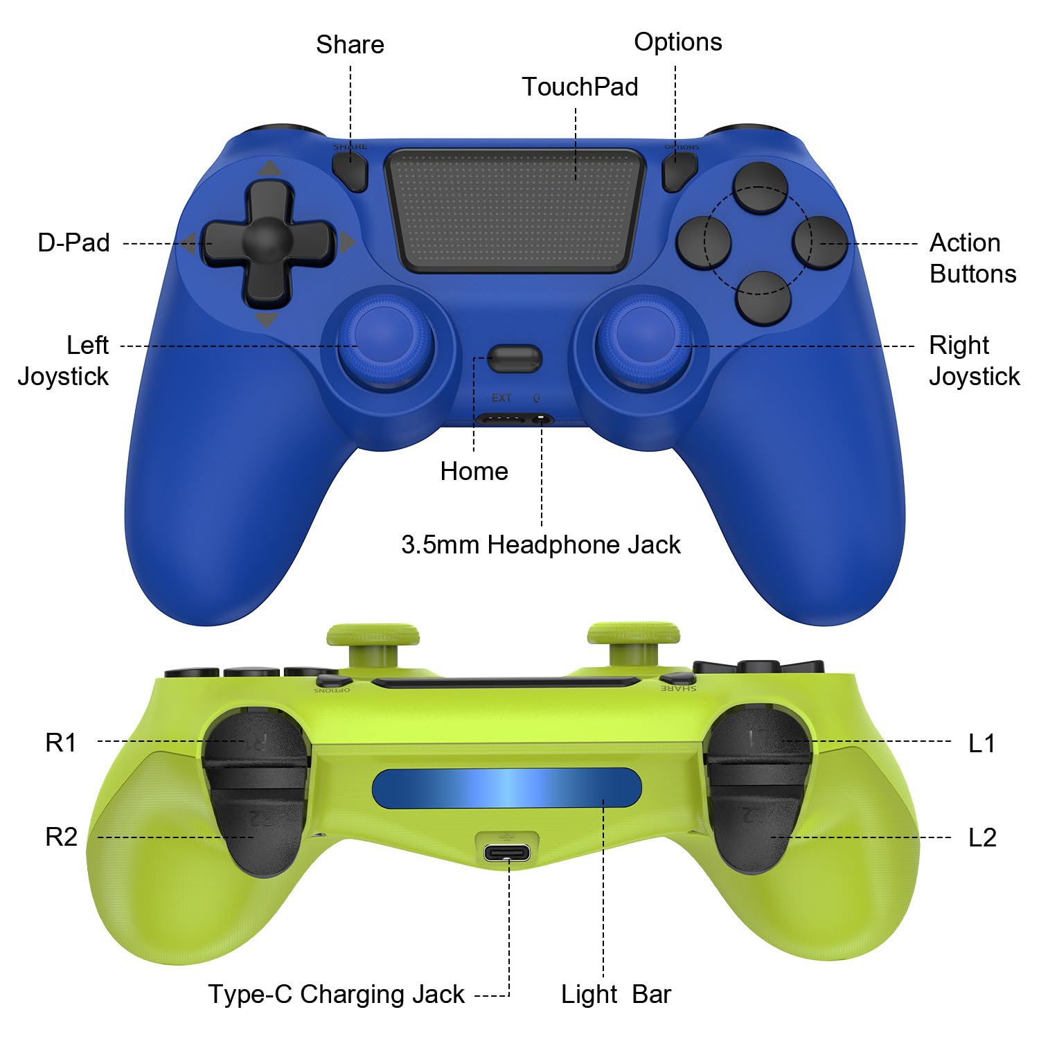 SHINXIN 2 Pack Wireless Controller Compatible with PS4/Slim/Pro/PC with Dual Vibration/3.5mm Audio/Type-C Port and 2 pcs Type-C Cable