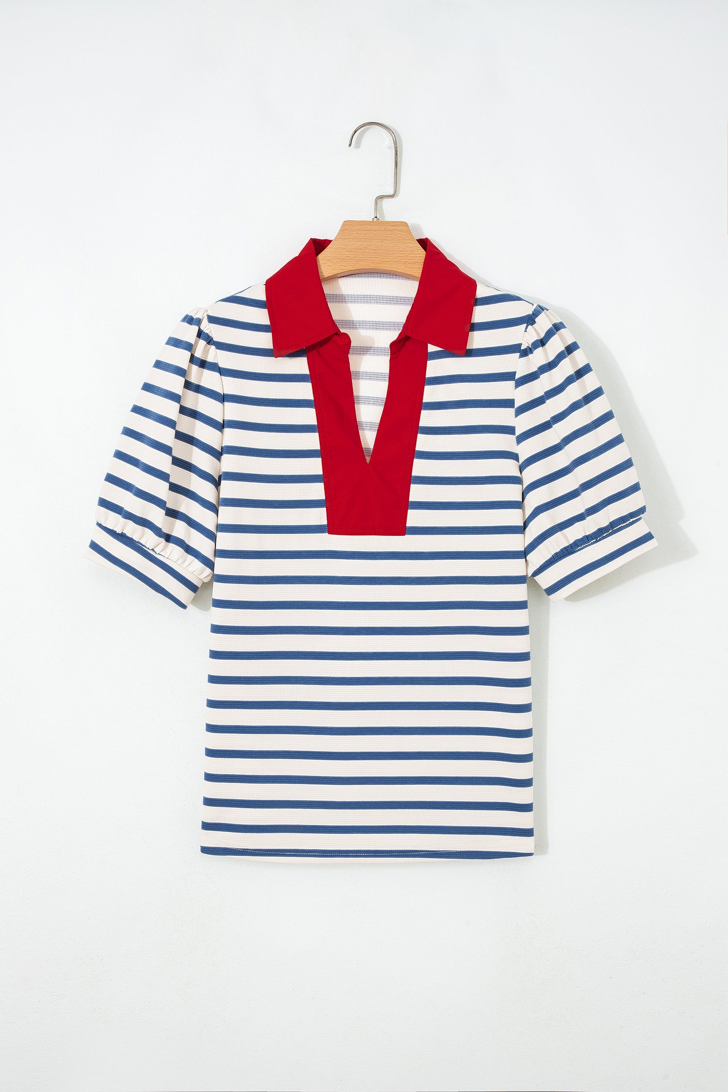 Blue Stripe Short Puff Sleeve Color Block Polo Collar Blouse