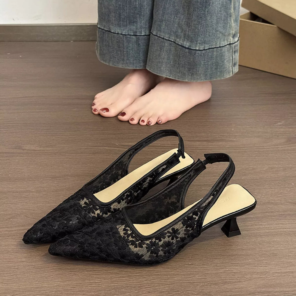 Lace Pointed-Toe Slingback Pumps