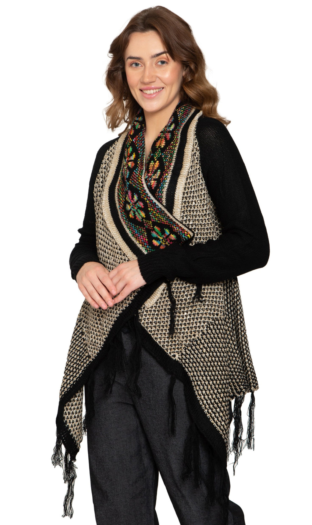 Women's Open Front Fringed Jacquard Weave Long Cardigan