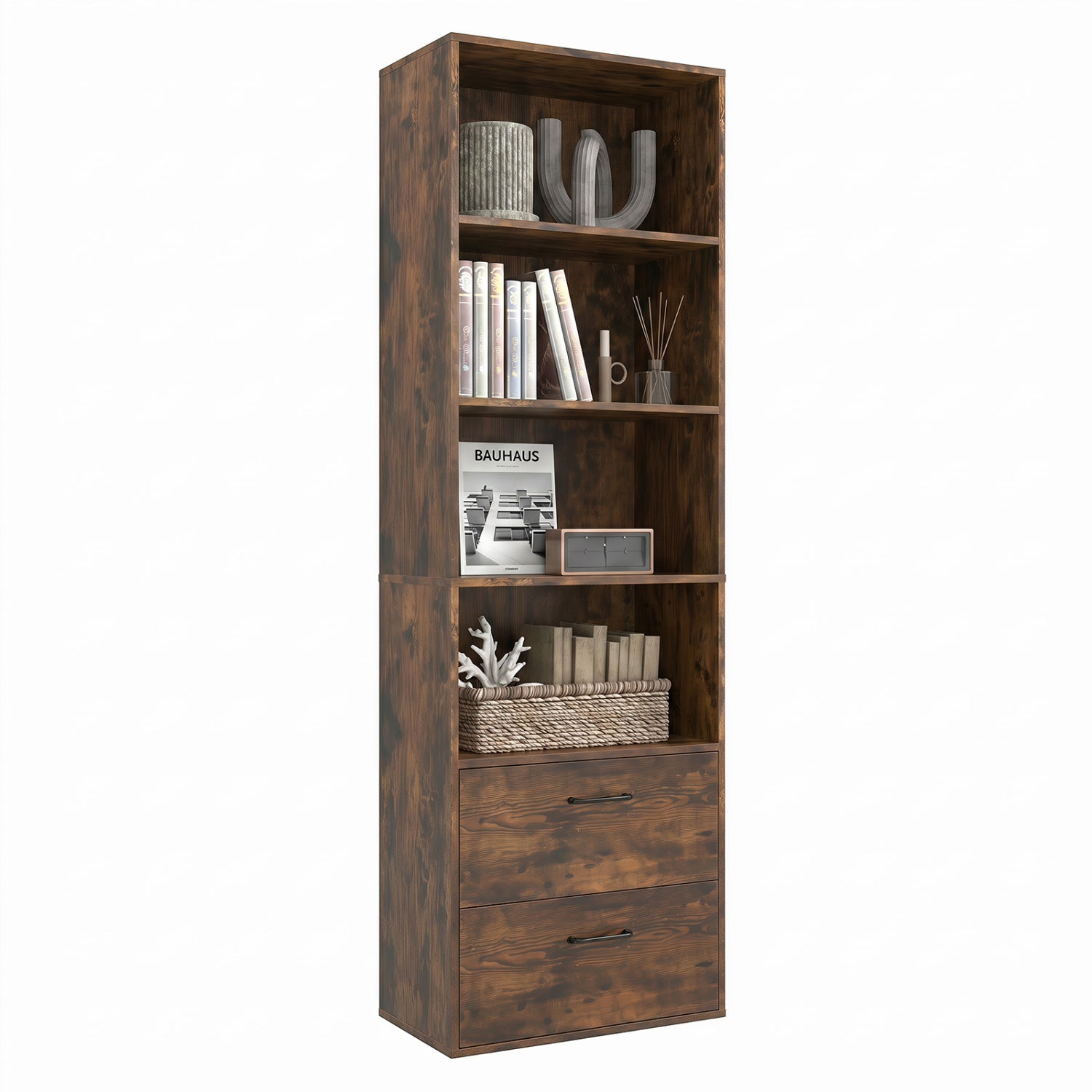 6-Tier Tall Bookshelf with Drawers - Rustic Brown