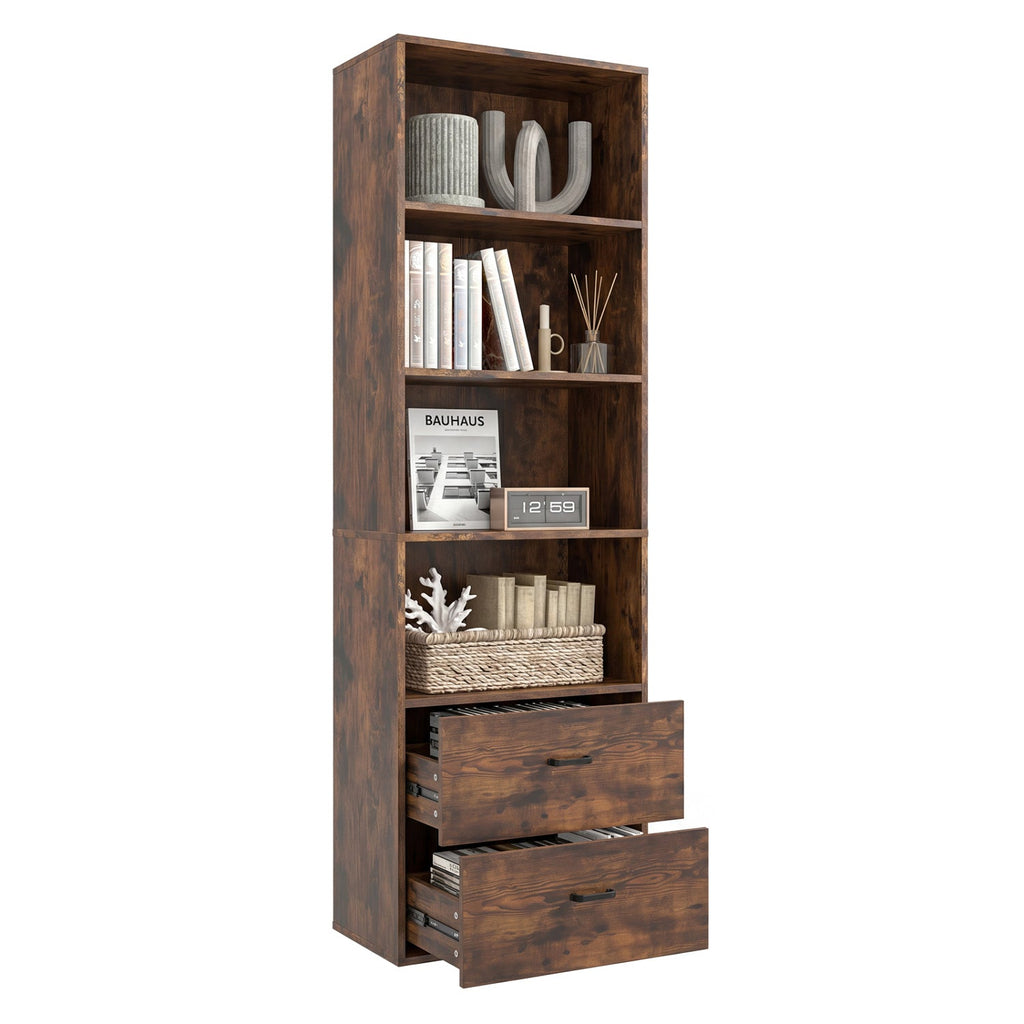 6-Tier Tall Bookshelf with Drawers - Rustic Brown