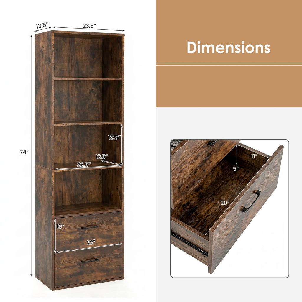 6-Tier Tall Bookshelf with Drawers - Rustic Brown