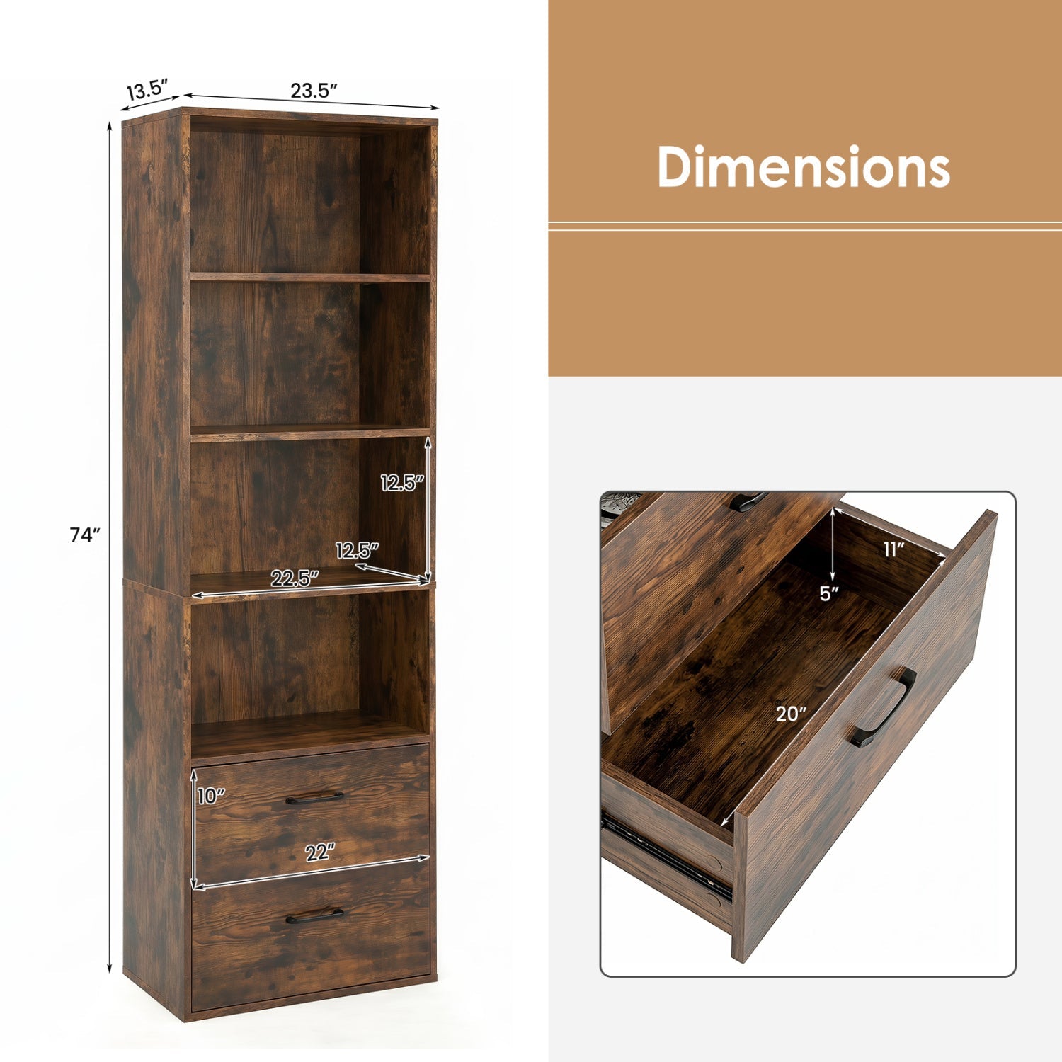 6-Tier Tall Bookshelf with Drawers - Rustic Brown