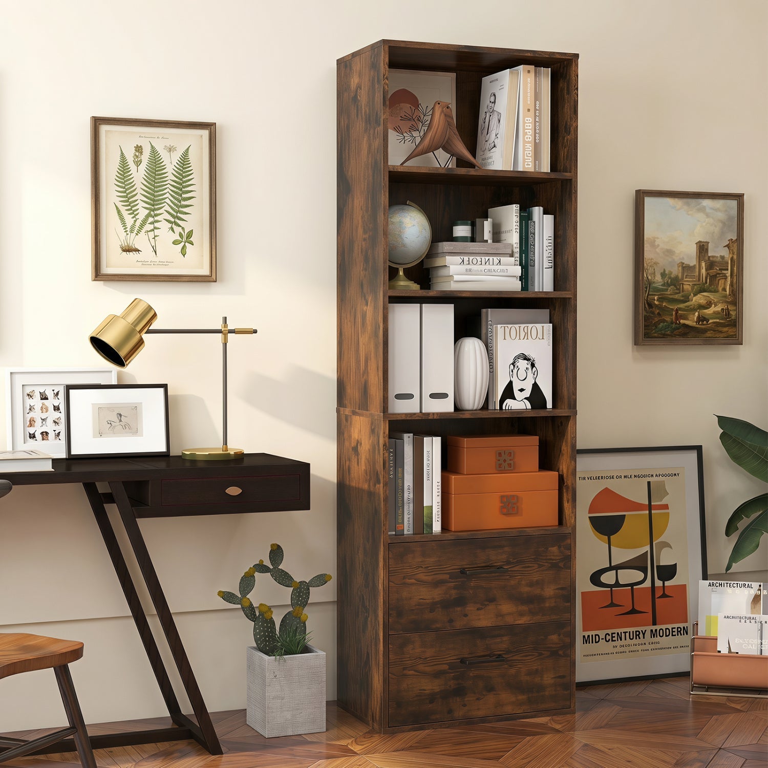 6-Tier Tall Bookshelf with Drawers - Rustic Brown