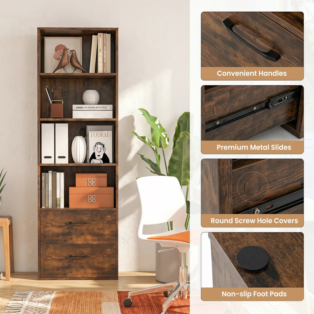 6-Tier Tall Bookshelf with Drawers - Rustic Brown