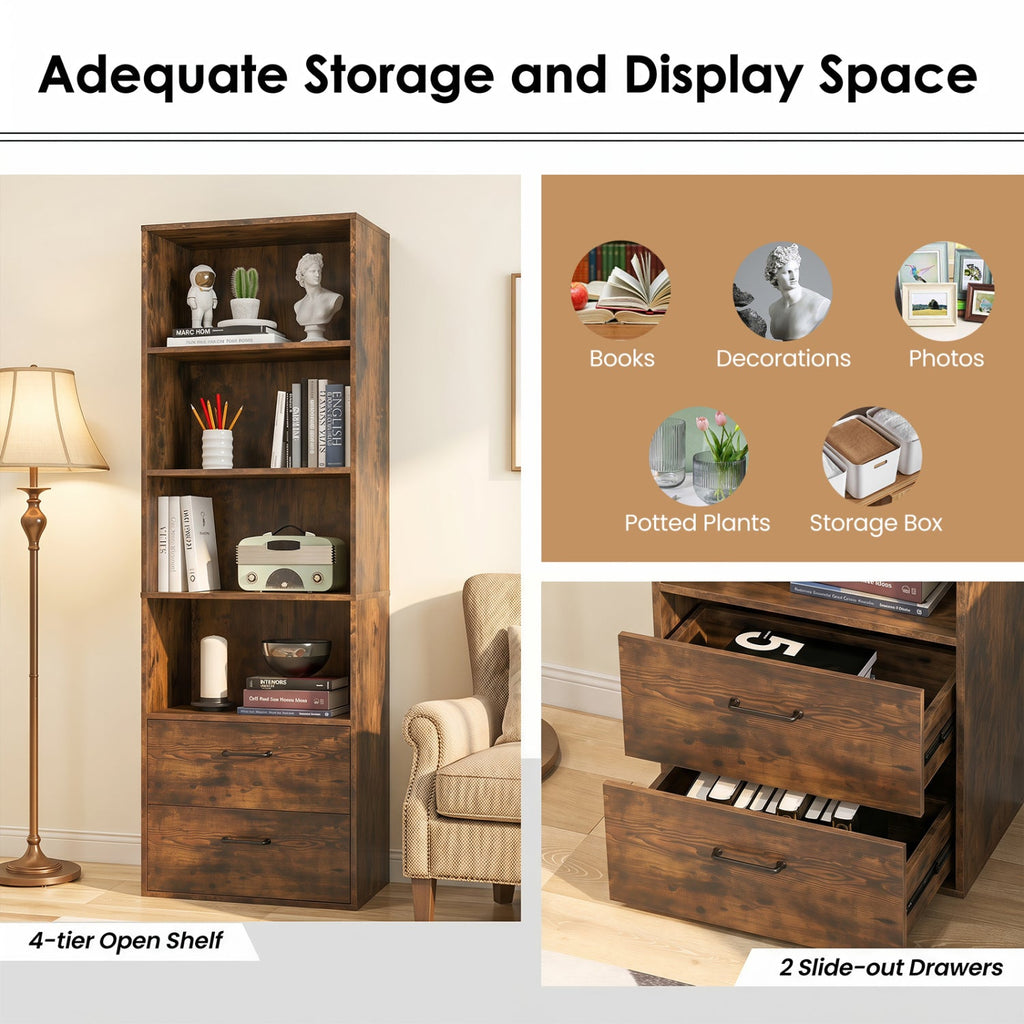 6-Tier Tall Bookshelf with Drawers - Rustic Brown