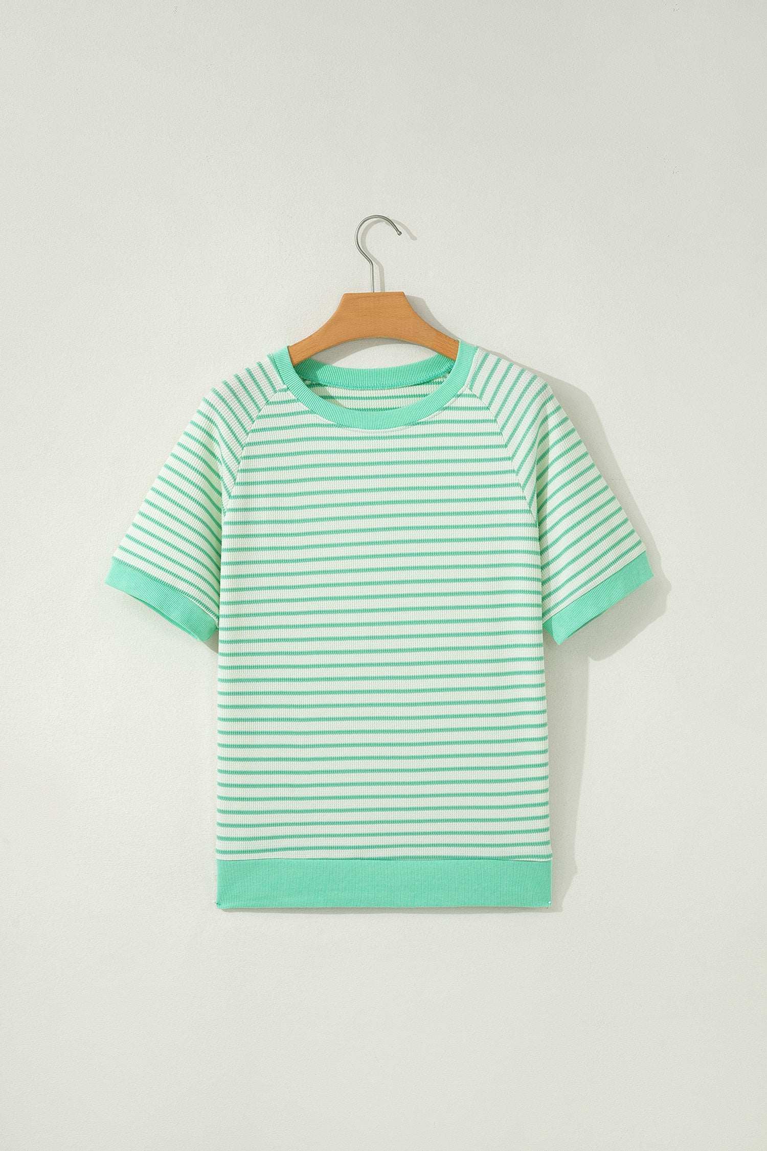 Green Stripe Colorblock Trim Round Neck Short Sleeve Tee