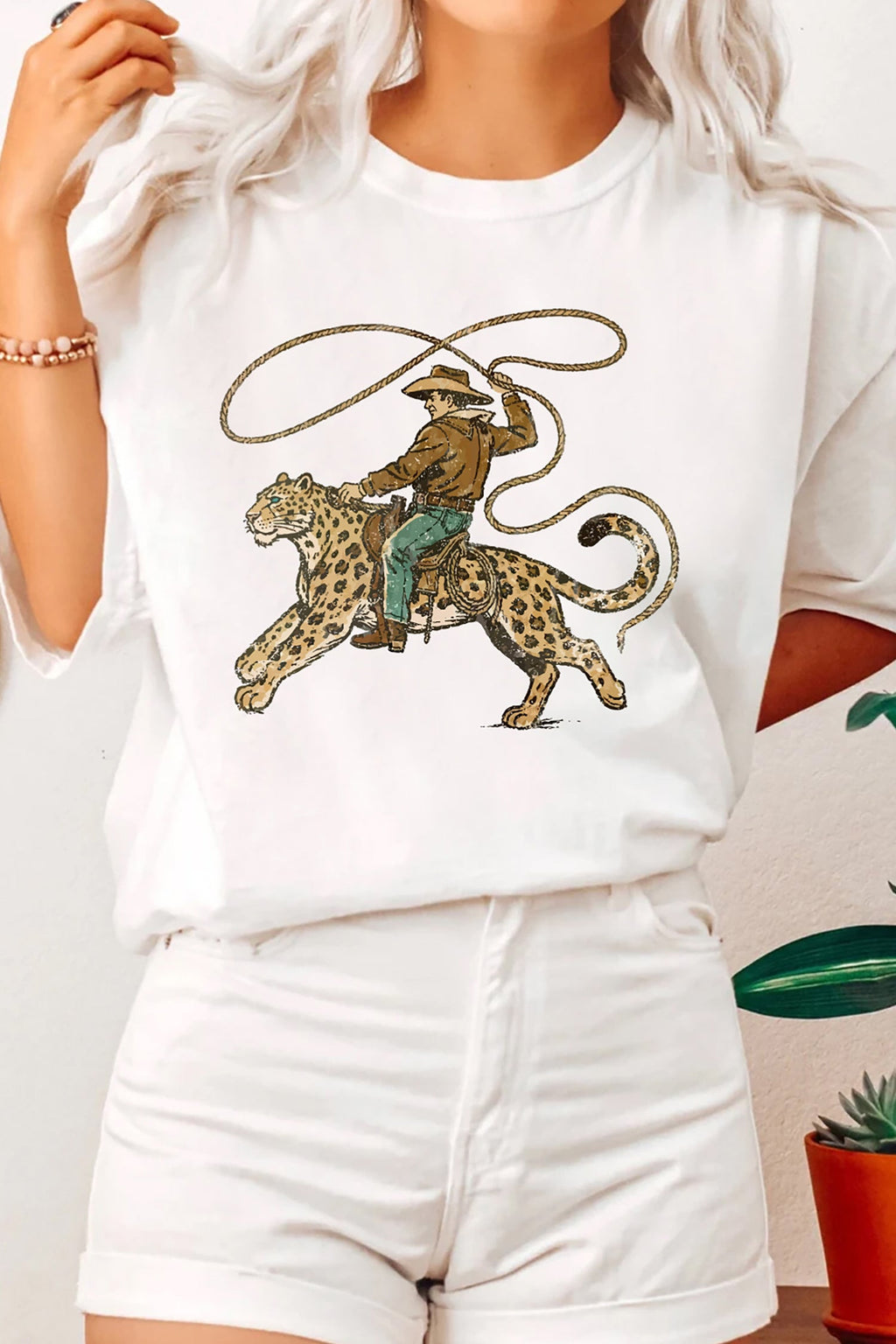 White Leopard Rodeo Cowboy Graphic Casual Tee