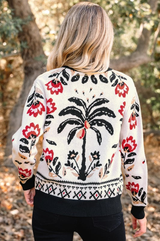 Floral Knit Button-Front V-Neck Cardigan