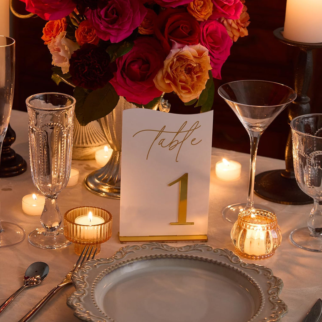 Gold Mirrored Acrylic Wedding Table Numbers Set, Self-Standing Modern Arched Signs for Reception Seating, Anniversary & Bridal Shower, Elegant Wedding Decor (5x7 Inches)