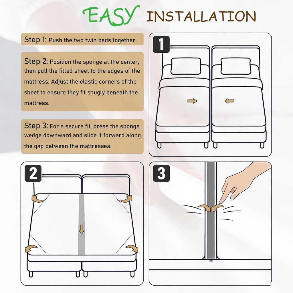 Bed Bridge Twin to King Mattresses Converter, Sheet-Style Beds Gap Filler with Removable Sponge, Machine Washable Connector for Family Room or Hotel, Mattress Gap Foam Filler King Size Bed 78"x 75"