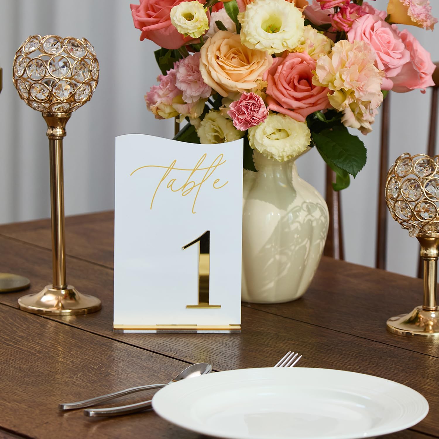 Gold Mirrored Acrylic Wedding Table Numbers Set, Self-Standing Modern Arched Signs for Reception Seating, Anniversary & Bridal Shower, Elegant Wedding Decor (5x7 Inches)
