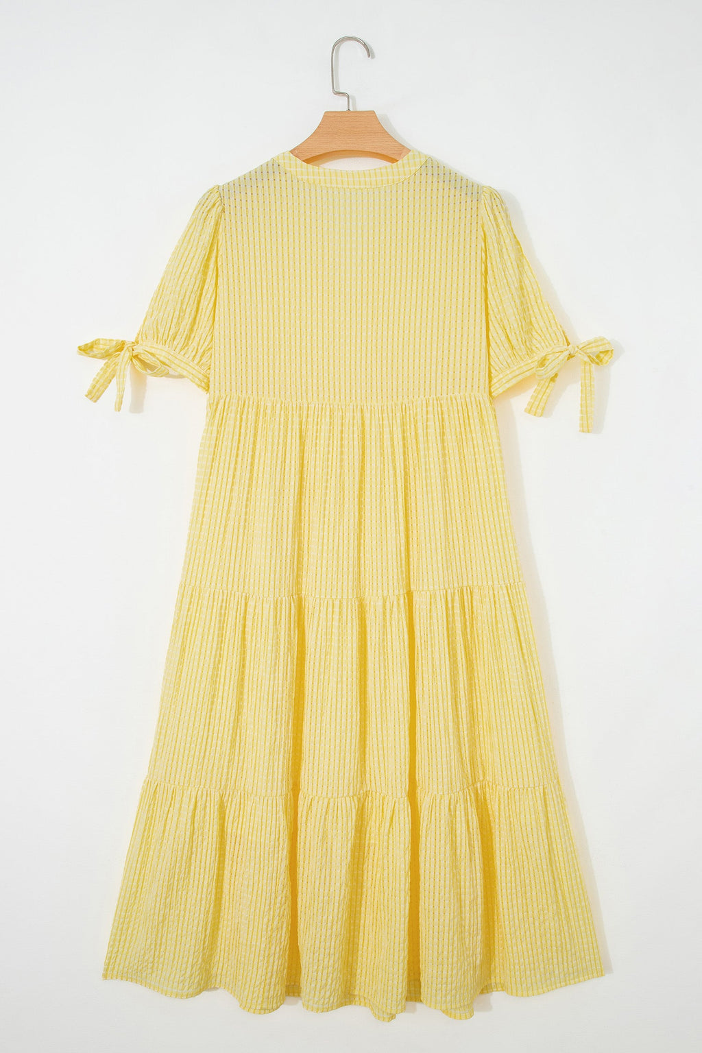 Yellow Gingham Textured Bow Tie Short Sleeve Tiered Midi Dress