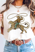 White Leopard Rodeo Cowboy Graphic Casual Tee