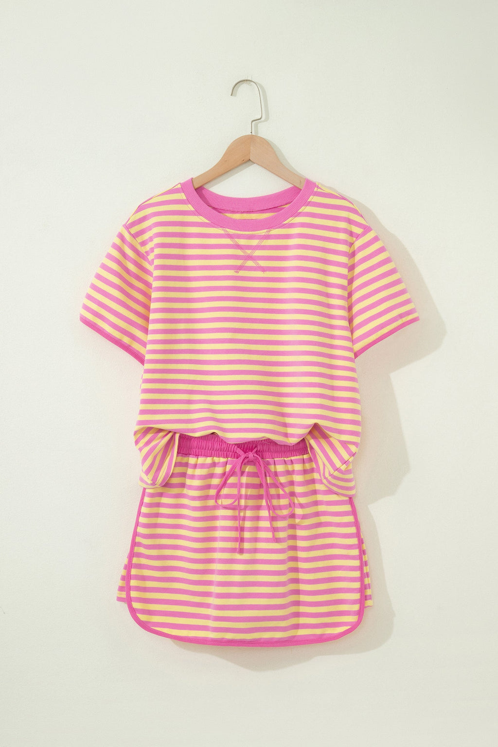 Pink Stripe Loose Short Sleeve Top and Skirt Set