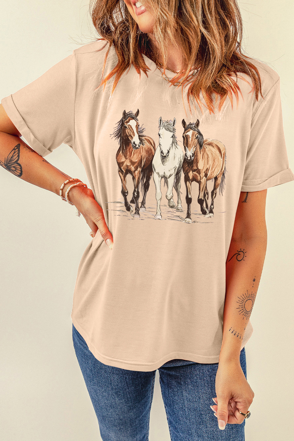 Khaki Gallant Horses Printed Casual T Shirt