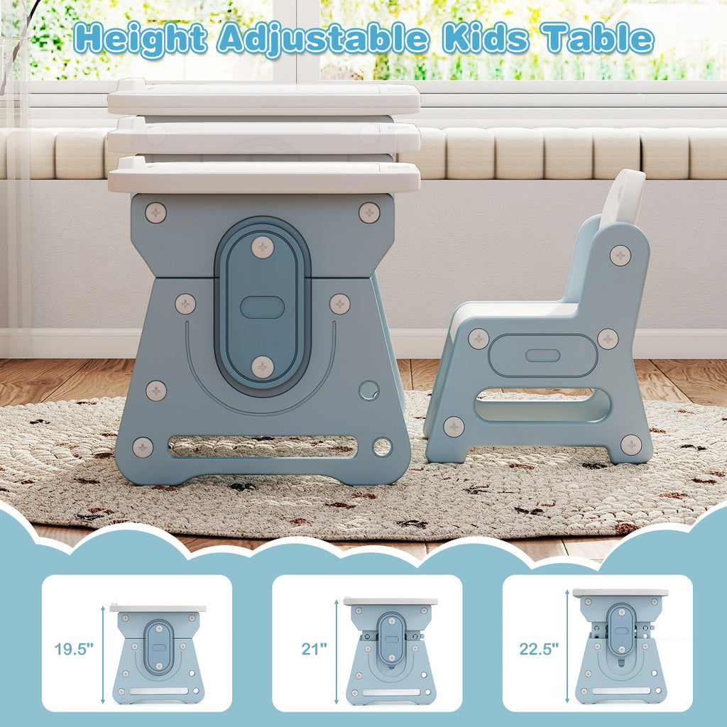 Height Adjustable Kids Table and Chair Set with Tiltable Whiteboard and Concave Shelf