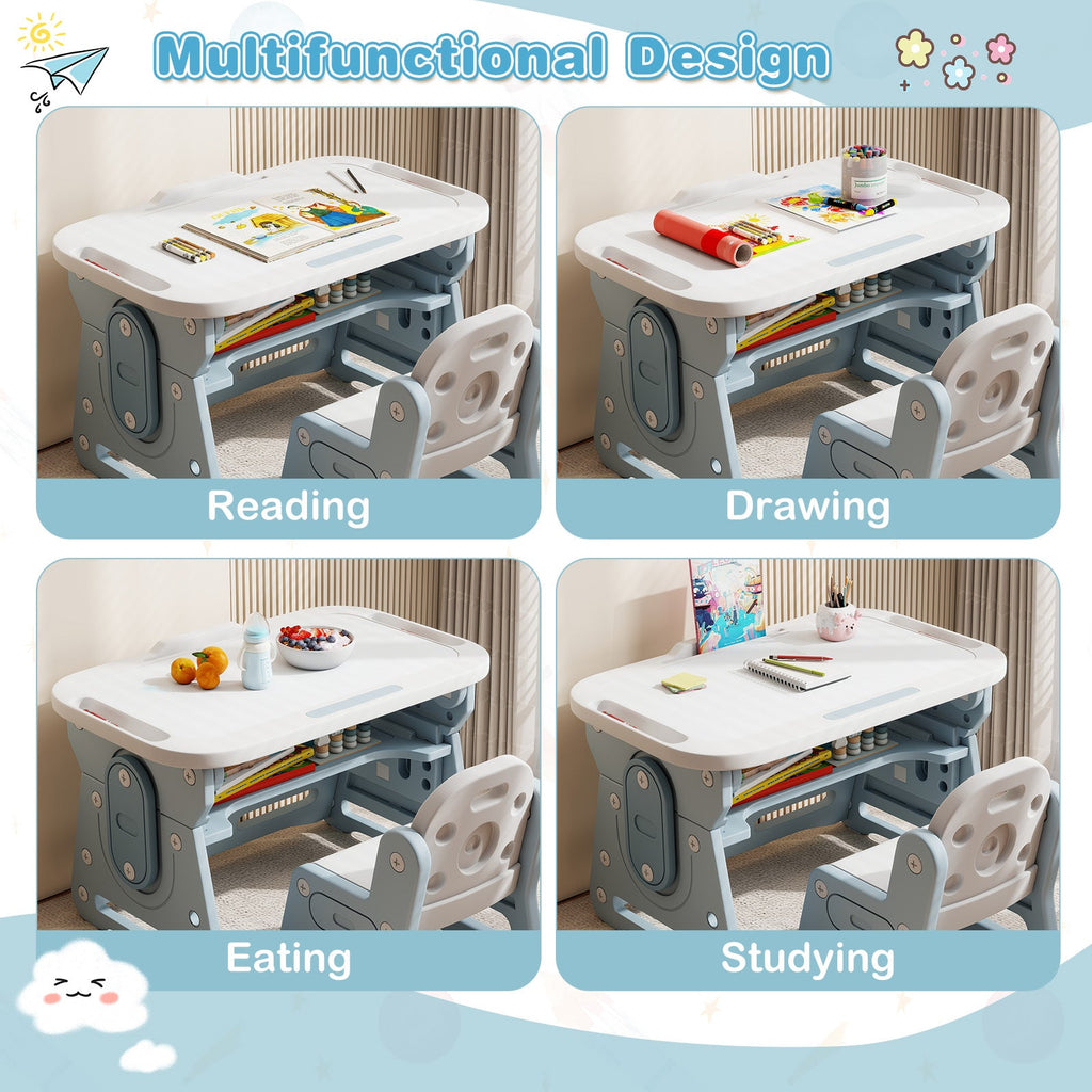 Height Adjustable Kids Table and Chair Set with Tiltable Whiteboard and Concave Shelf