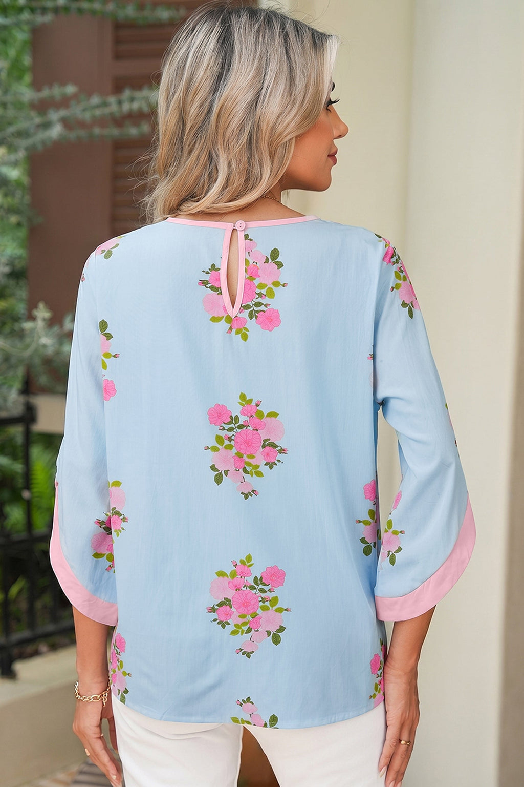 Sky Blue Floral Print Button Cuffed 3/4 Sleeve Round Neck Blouse