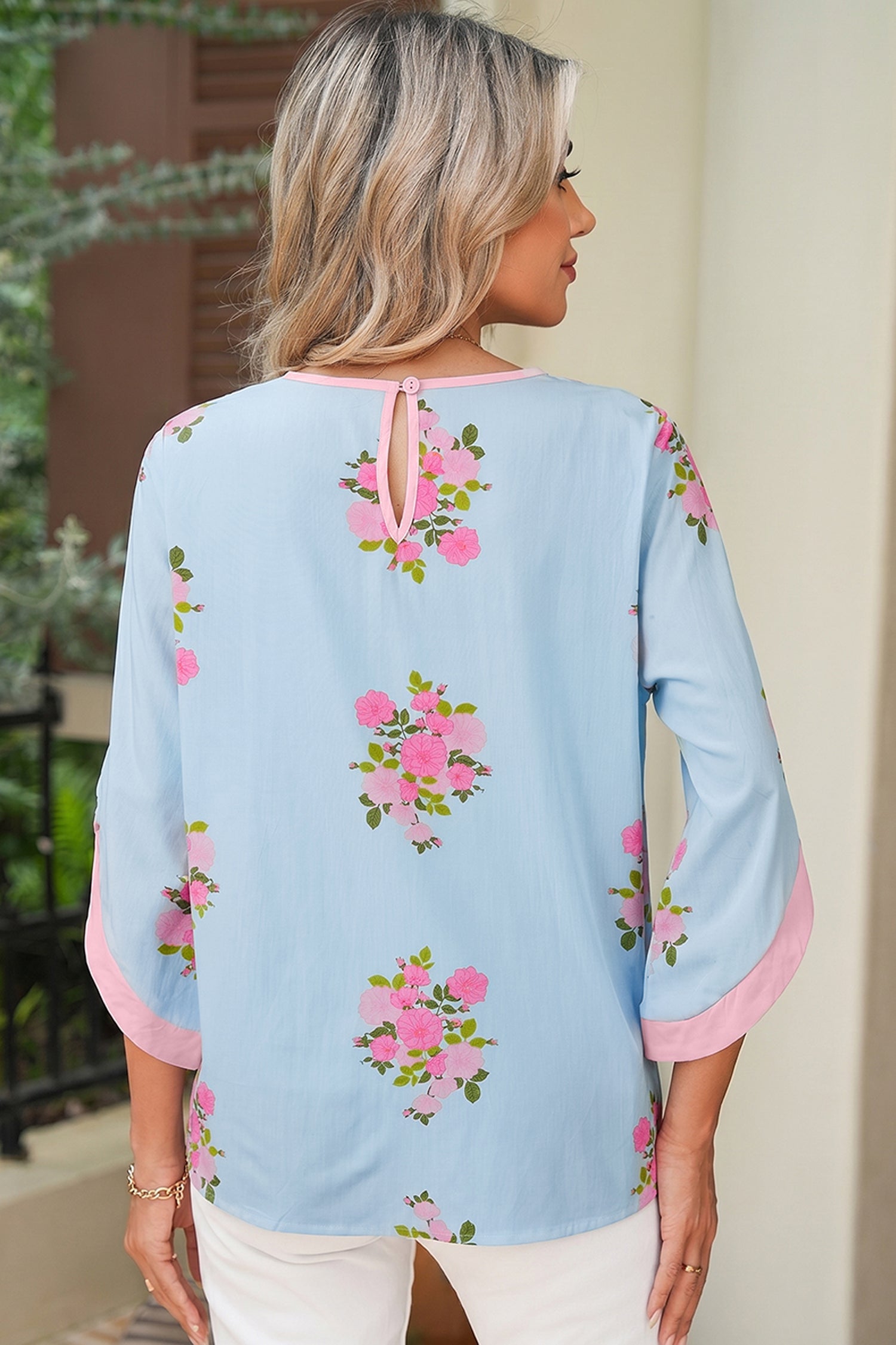 Sky Blue Floral Print Button Cuffed 3/4 Sleeve Round Neck Blouse