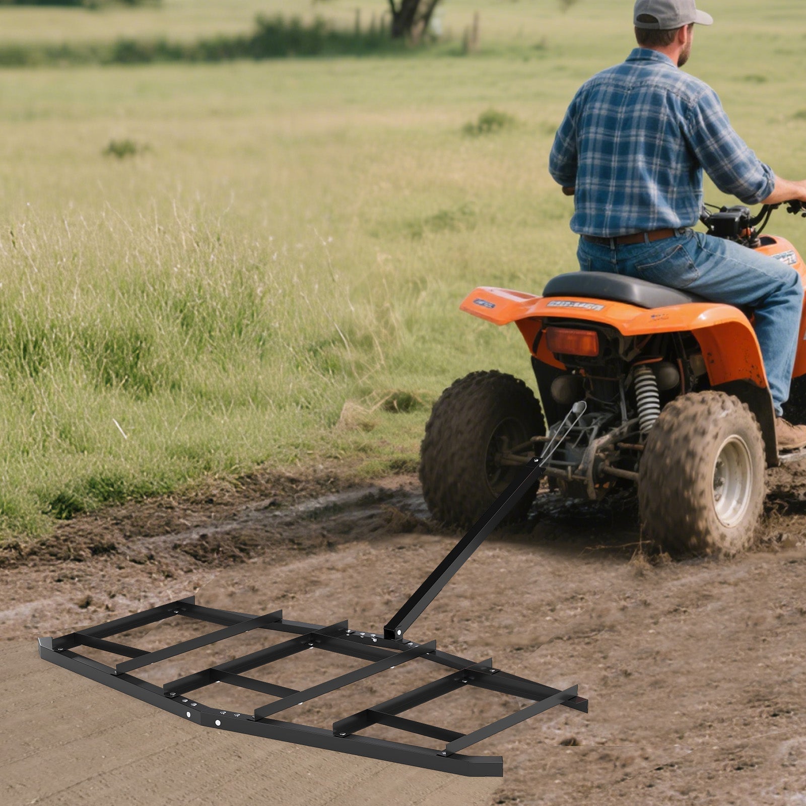 84 inch Wide Driveway Drag Tow Behind Landscape Leveling Rake with Reinforced Bars-Black