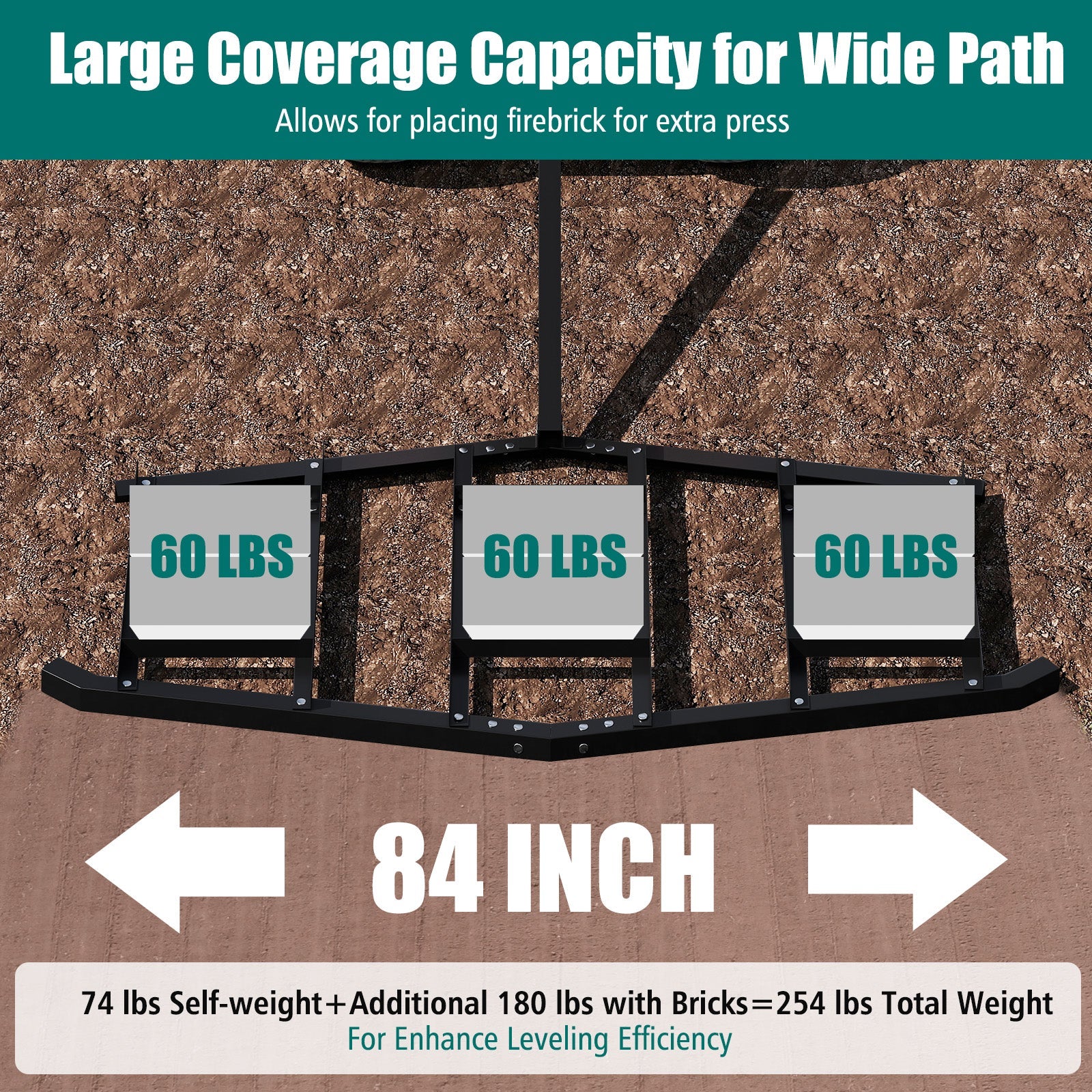 84 inch Wide Driveway Drag Tow Behind Landscape Leveling Rake with Reinforced Bars-Black