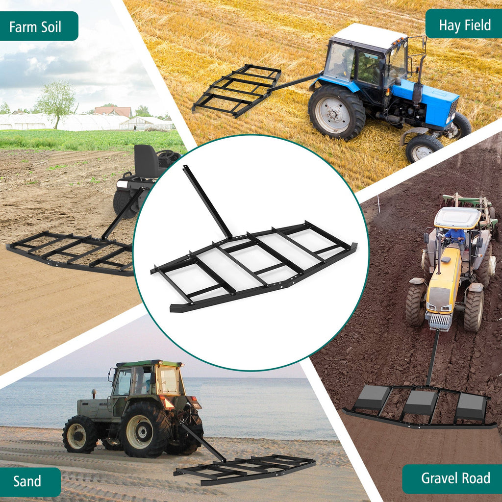 84 inch Wide Driveway Drag Tow Behind Landscape Leveling Rake with Reinforced Bars-Black