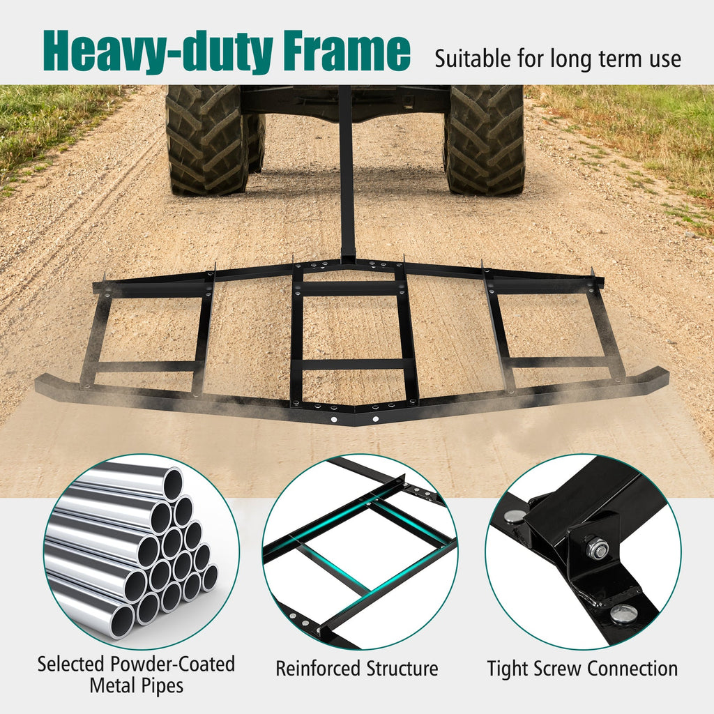 84 inch Wide Driveway Drag Tow Behind Landscape Leveling Rake with Reinforced Bars-Black