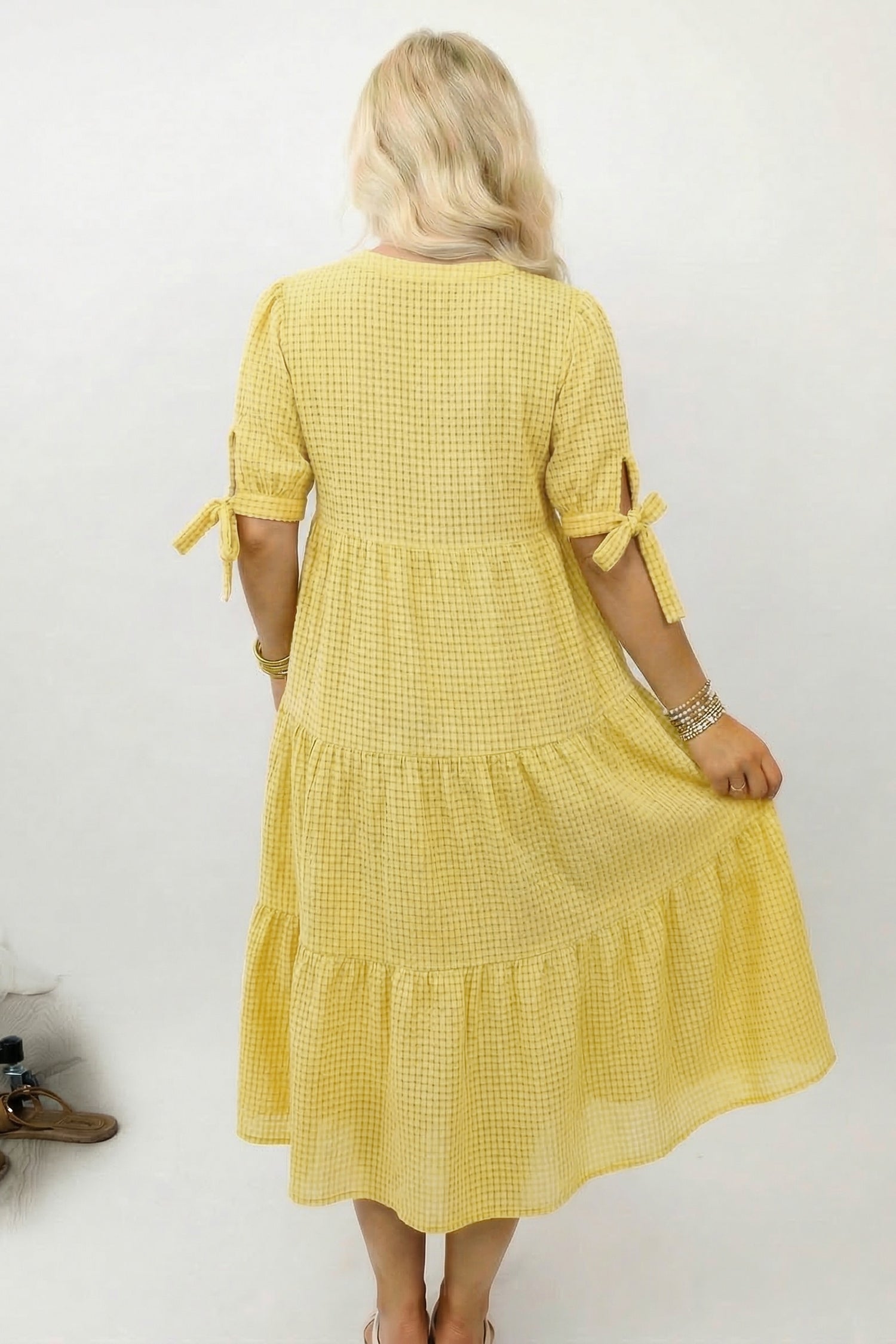 Yellow Gingham Textured Bow Tie Short Sleeve Tiered Midi Dress