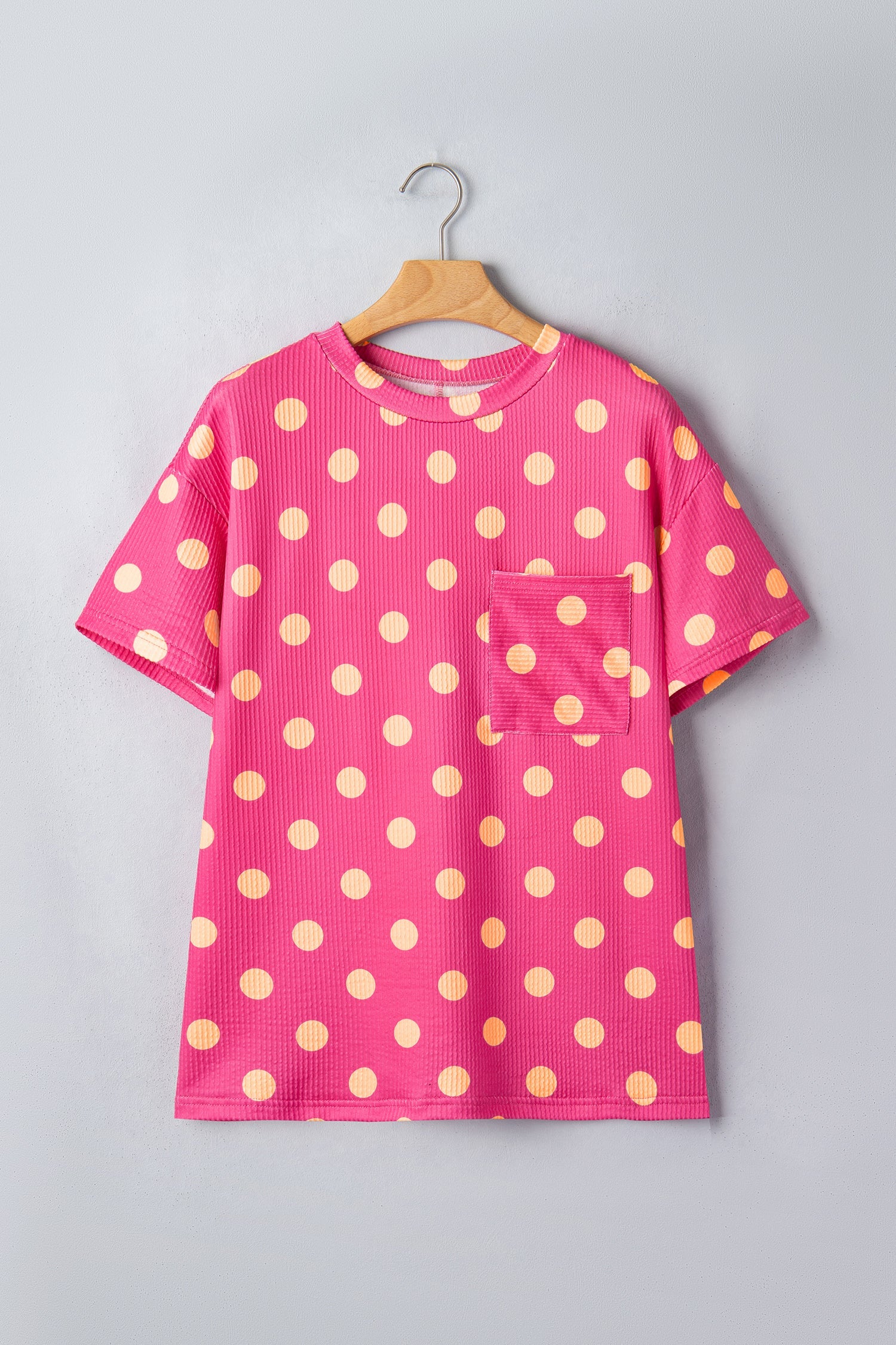 Pink Polka Dot Round Neck Drop Shoulder Patch Pocket Jacquard Texture Top
