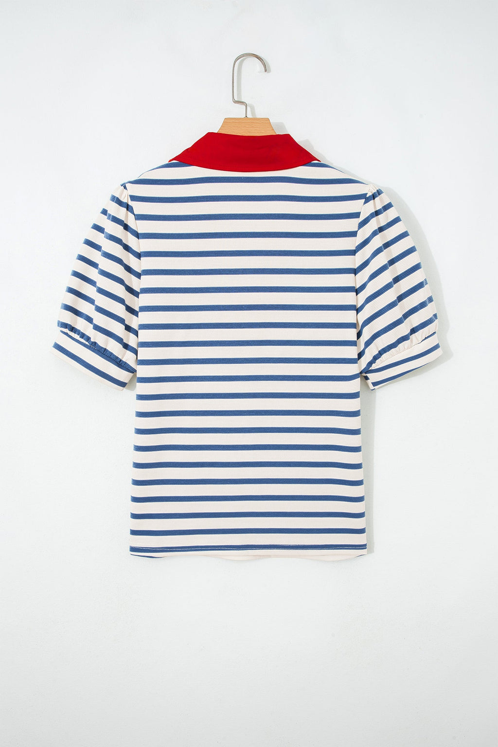 Blue Stripe Short Puff Sleeve Color Block Polo Collar Blouse
