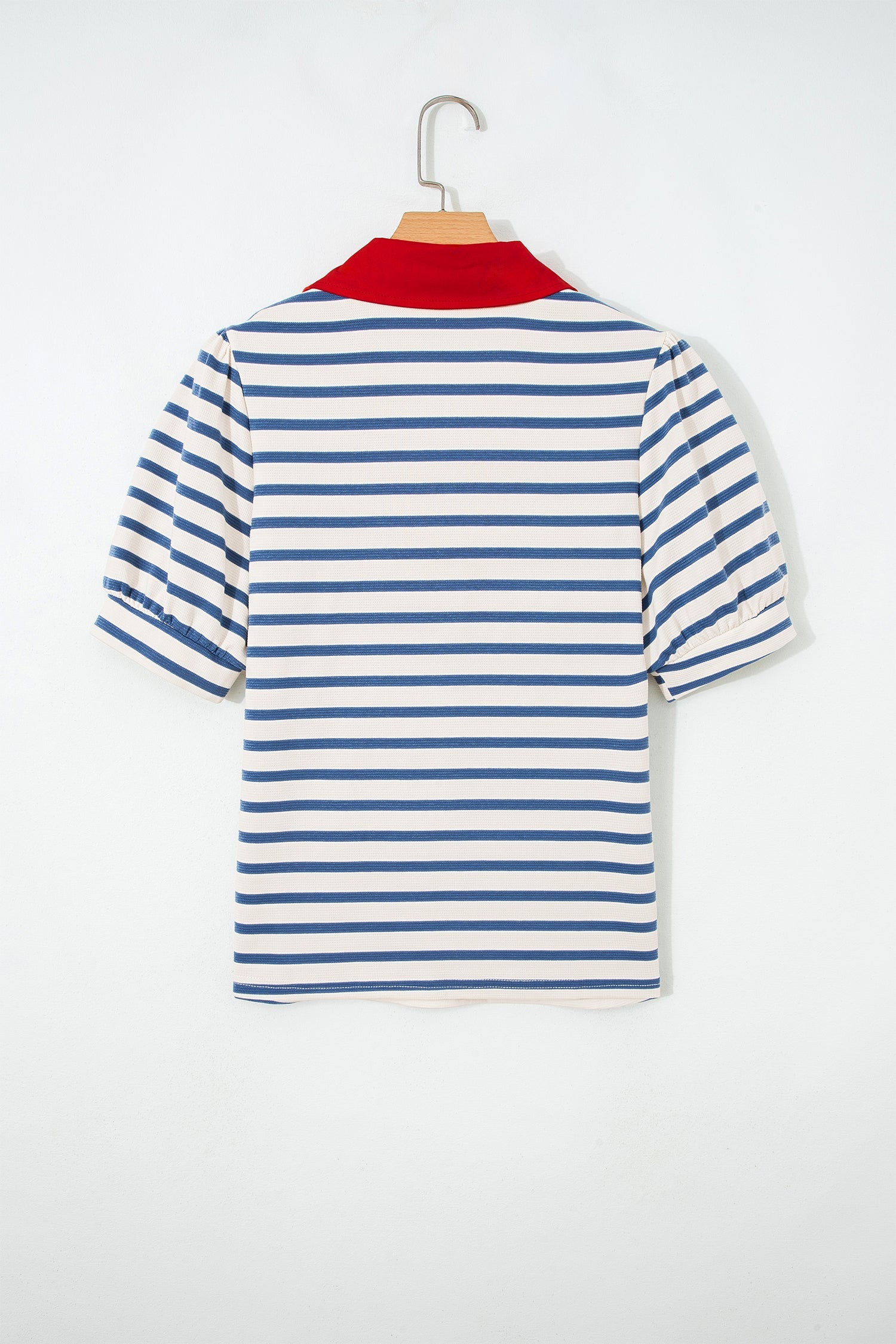 Blue Stripe Short Puff Sleeve Color Block Polo Collar Blouse